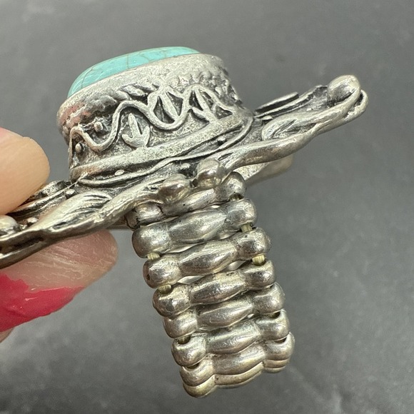 Vintage Turquoise Silver Tone Stretch Ring Big Comfortable Ring - Picture 11 of 16